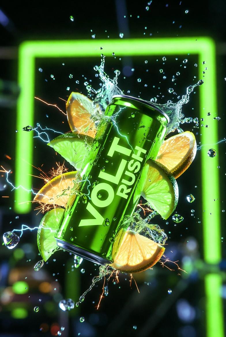 KI-generiertes Bild der cinematischen Aufnahme des neon-grünen Energydrinks Volt Rush