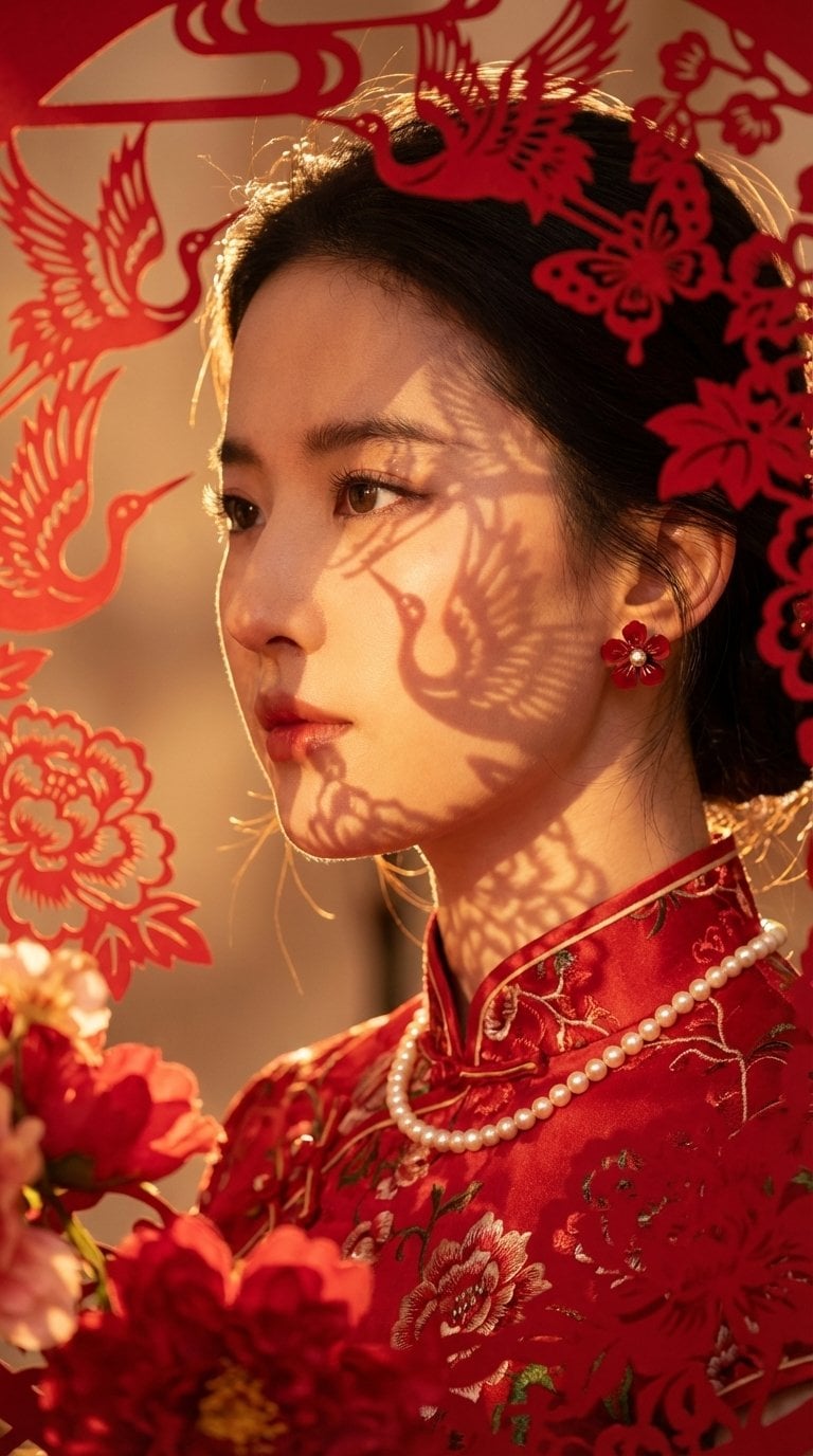Nahprofil einer jungen ostasiatischen Frau im roten Cheongsam mit Perlenkette und roten floralen Ohrringen, mit roter Papierschnittkunst mit Kranich- und Pfingstrosenmotiven, die Schatten werfen, warmem Gegenlicht zur goldenen Stunde, Makroobjektiv-Fotografie
