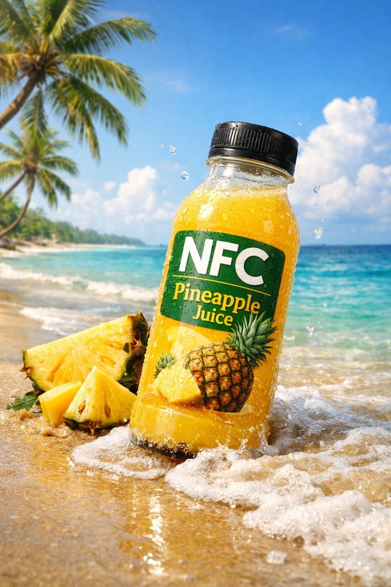 KI-generiertes Bild der NFC-Saftflaschen Werbekampagne