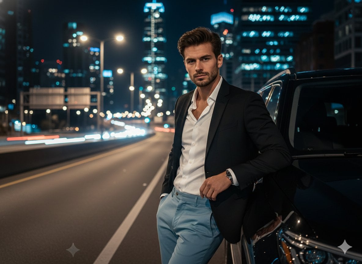 Nocny miejski portret mężczyzny przy luksusowym SUV, obraz wygenerowany przez