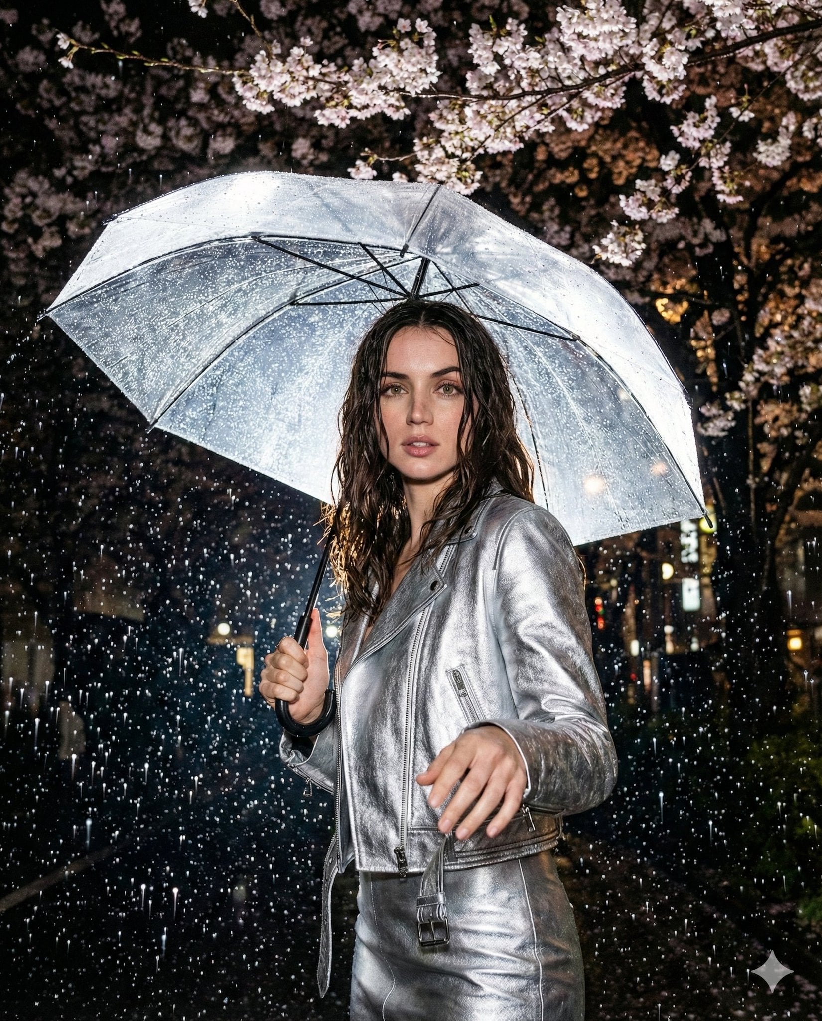 Immagine generata da IA di ritratto editoriale notturno sotto la pioggia di fiori di ciliegio