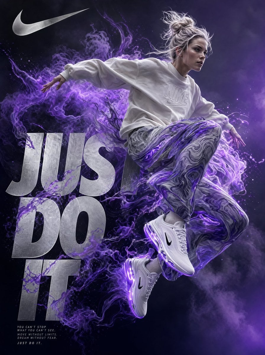En atletisk kvinde med platinblonde hår, der hopper fremad gennem luften, iført cremefarvet Nike sweatshirt og flydende, violetmarmorerede bukser, med hvide Nike sneakers, omgivet af swirlende elektrisk violet energirøg mod en mørk gradient-baggrund med metallisk sølv "Just Do It"-tekst overlejring