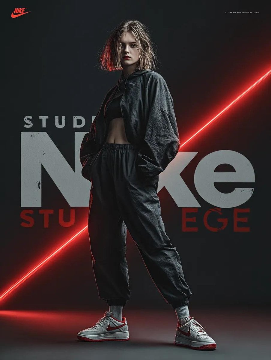 Fotografia de moda hiperrealista d'un model fent una posa de salt de giro contra un fons de gradient de magenta a safir amb flares de lents refractades, vestit amb calçons de córrer Nike iridiscent i una sudadera tecnològica retallada de blanc hologràfic, amb els textos "NIKE" i "LUMINA" superposats al darrere, i rastres de llum que tracen el moviment del cos
