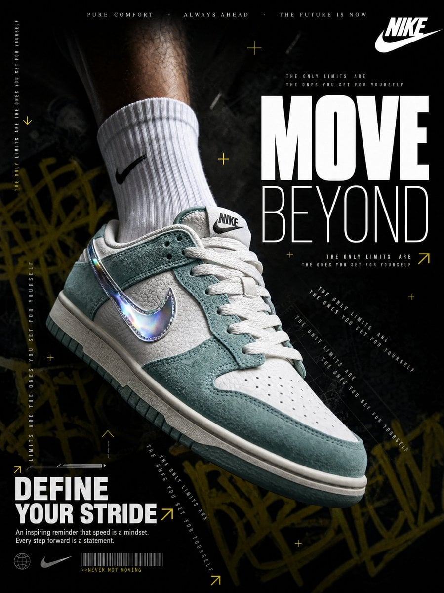 Sneaker bxa de Nike amb suro turquesa i pell blanc rovellat a la cama d'un home que porta mitjons de esport blancs, posada en angle a l're contra un fons fosc amb elements de tipografia i marca