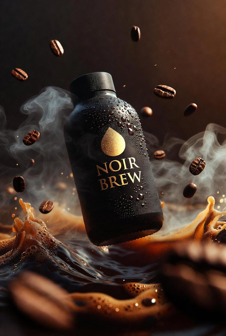 Fotografia de producte cinematogràfica d'una botella de cafè Noir Brew de vidre negre mat i tipografia daurada, flotant en espresso remenant amb grans de cafè, il·luminació de bx contrast dramàtica, efectes de vapor i correcció de color marró rica