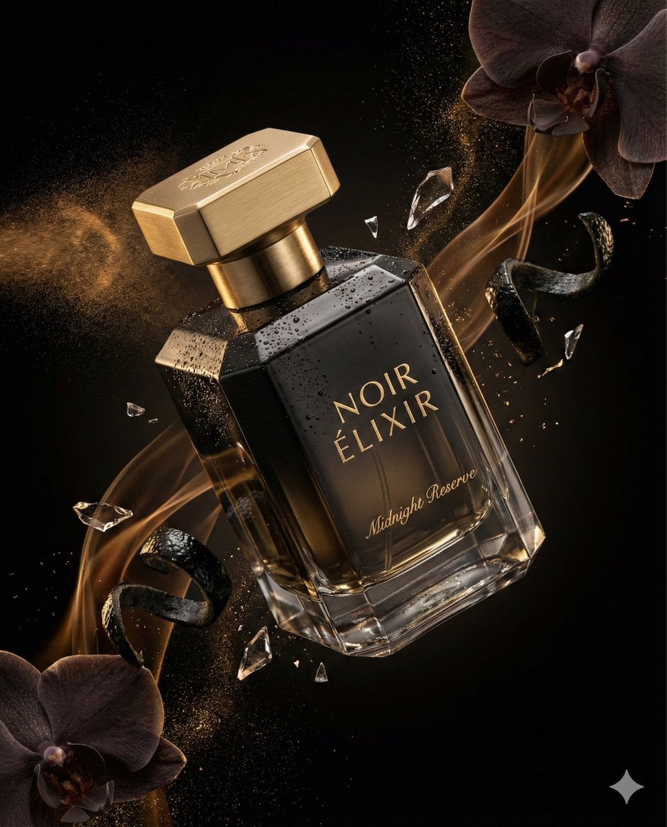 Fotografia dramàtica d'una ampolla de perfum de luxe amb el Noir Élixir Midnight Reserve en una ampolla de cristall negra facetada amb tapa daurada, flotant a l're contra un fons negre profund amb boira remenant-se, partícules de pols daurada, pètals d'orchídia i gots de perfum atomitzats, presa amb il·luminació d'estudi cinematogràfica