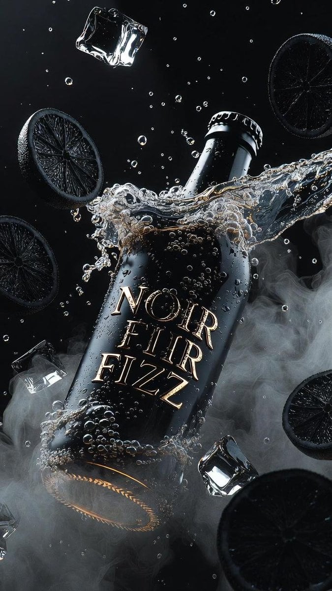 Una fotografia de producte dramàtica d'una ampolla de soda negra mat amb l'etiqueta NOIR FIZZ que flota diagonalment a l're amb bombolles de gas, ones de líquid, cubs de gel trencats i rodones de cítric negres suspeses al seu voltant, amb una il·luminació dramàtica de bx contrast amb llums de vora potents i ombres profundes