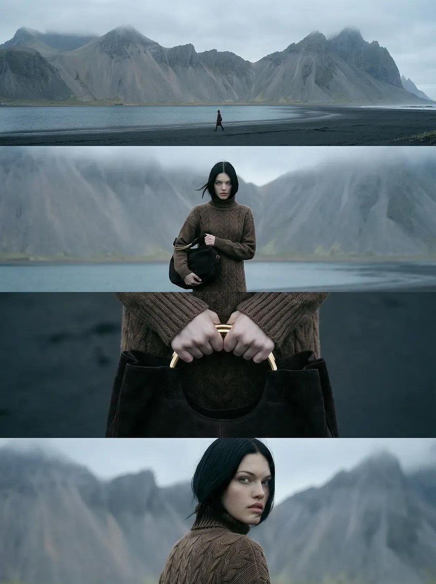 Imagine editorială cinematografică verticală cu patru cadre de film stivuite, arătând o femeie într-o rochie din tricot cablu maro pe o coastă nordică cu plajă de nisip negru și munți cenușii în ceață, ținând o geantă structurată din piele neagră cu mâner metalic auriu