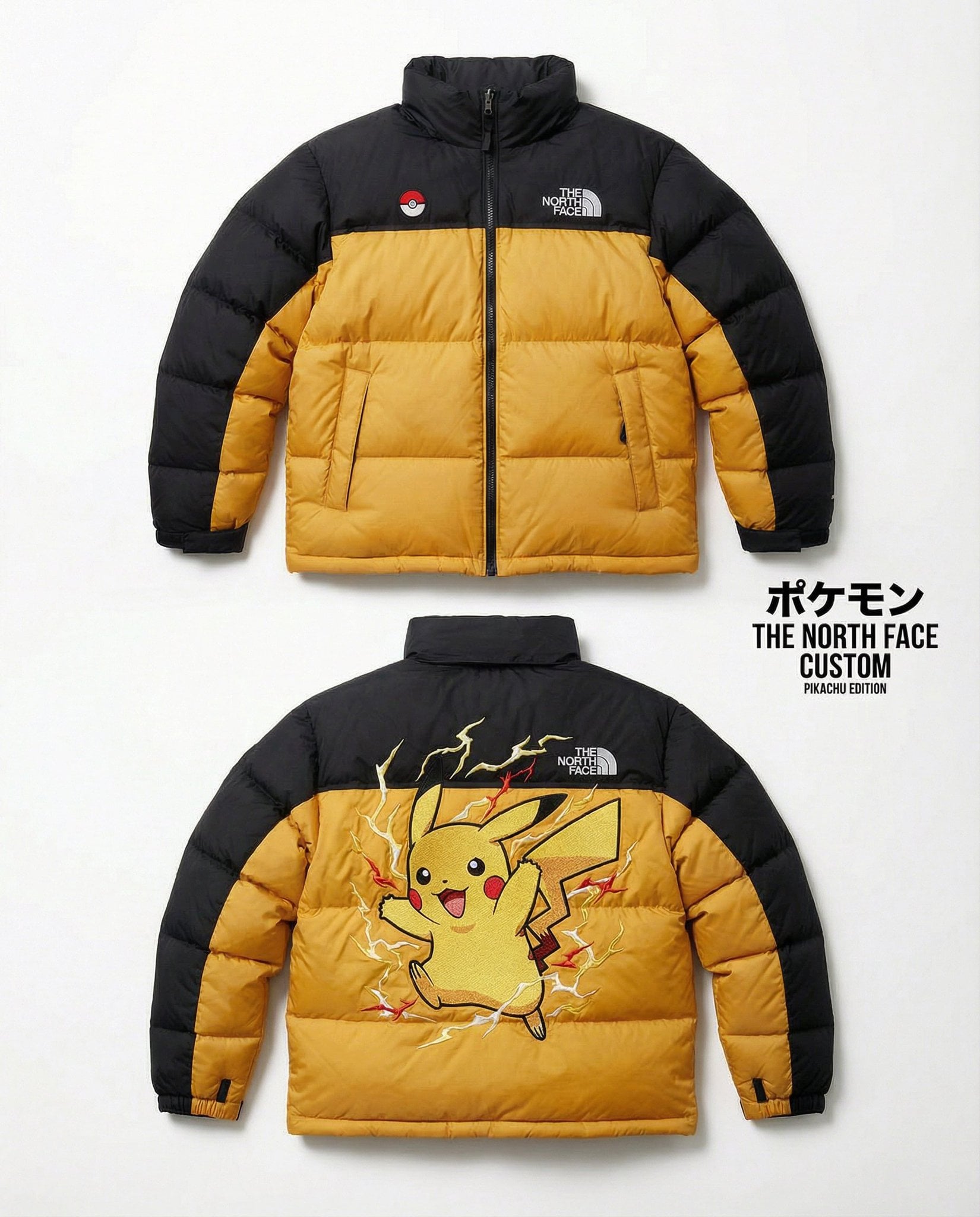 Photographie haute résolution d'une doudoune The North Face Nuptse 700 inspirée de Pokémon, présentant les vues de face et de dos sur fond blanc pur, avec une grande broderie de Pokémon sur le panneau arrière