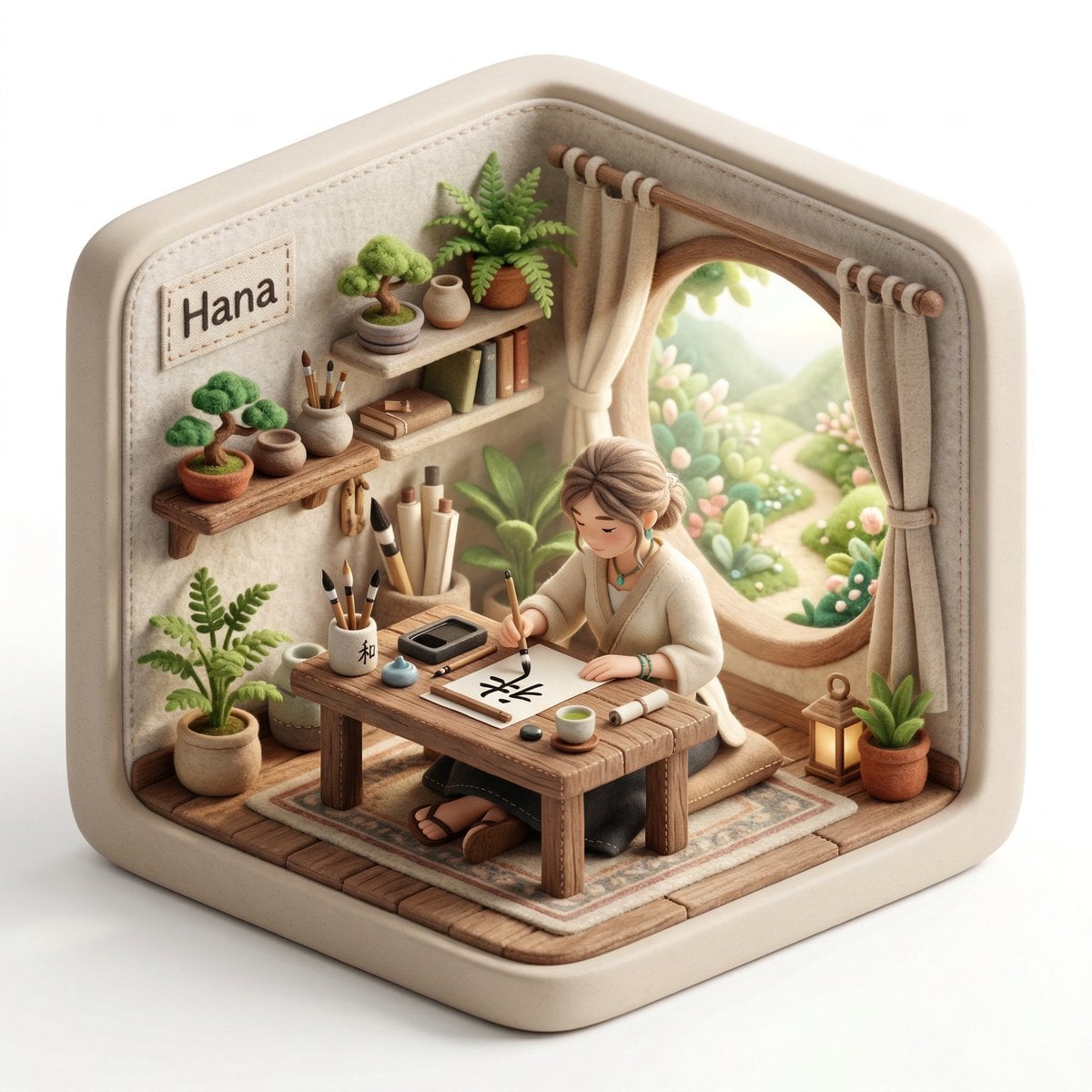 En 3D isometrisk diorama som viser en karakter ved et trebord nær et vindu med sollys og grønt, med et håndlaget filtaesthetisk utseende med myke avrunde former og synlige stingdetaljer omsluttet i en avrundet kubestruktur