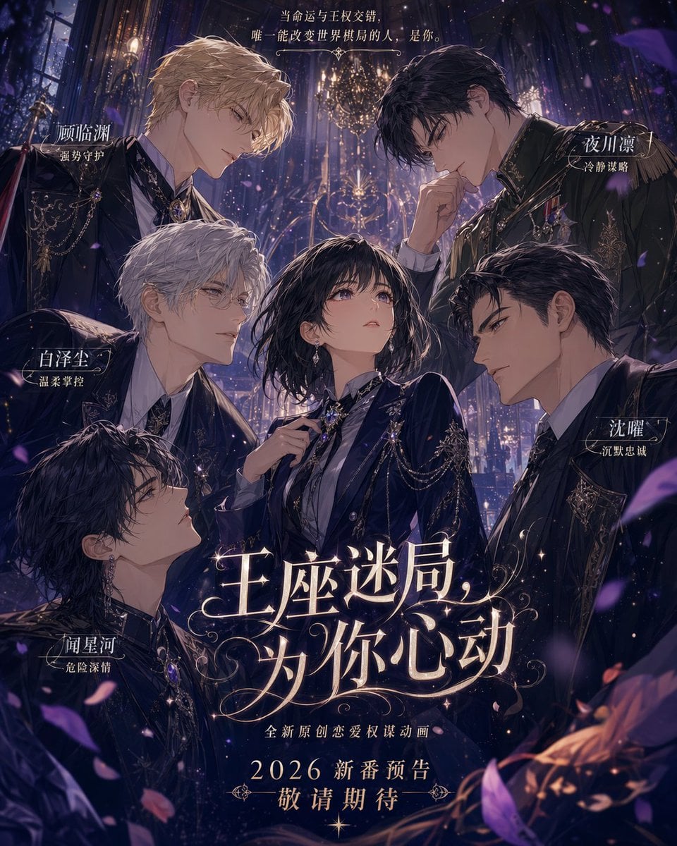 Vertikales Otome-Spiel-Poster, das eine weibliche Protagonistin in der Mitte zeigt, umgeben von mehreren männlichen Charakteren in einem Palastsetting, Anime-Kunststil mit weicher Beleuchtung und Spezialeffekten