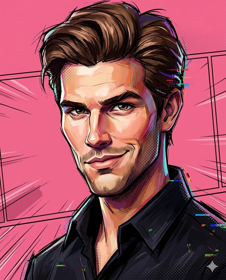 Maľovaný karikatúrny portrét z Pavúčieho vesmíru v ružovom štúdiu, generovaný obrázok