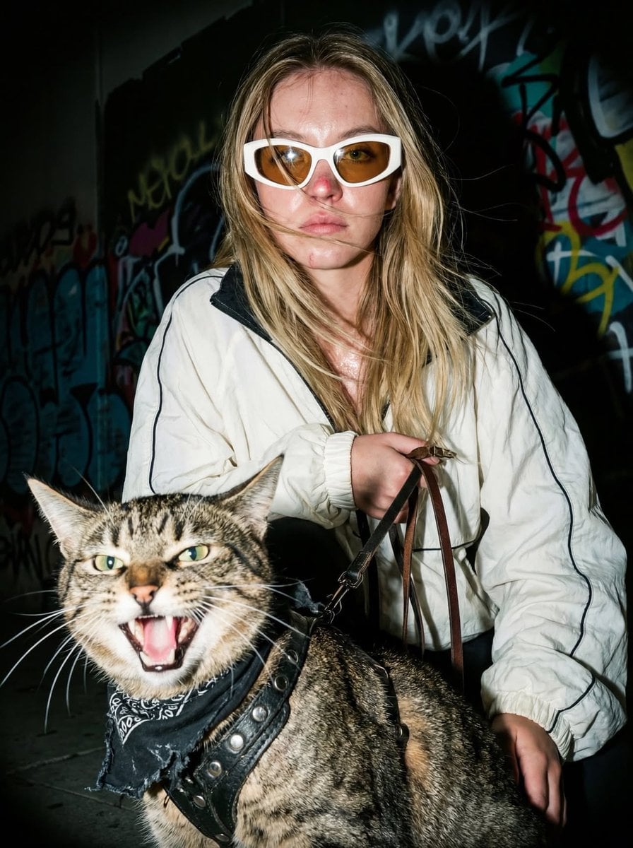Immagine generata da IA di Paparazzi Donna Gatto Graffiti Notte