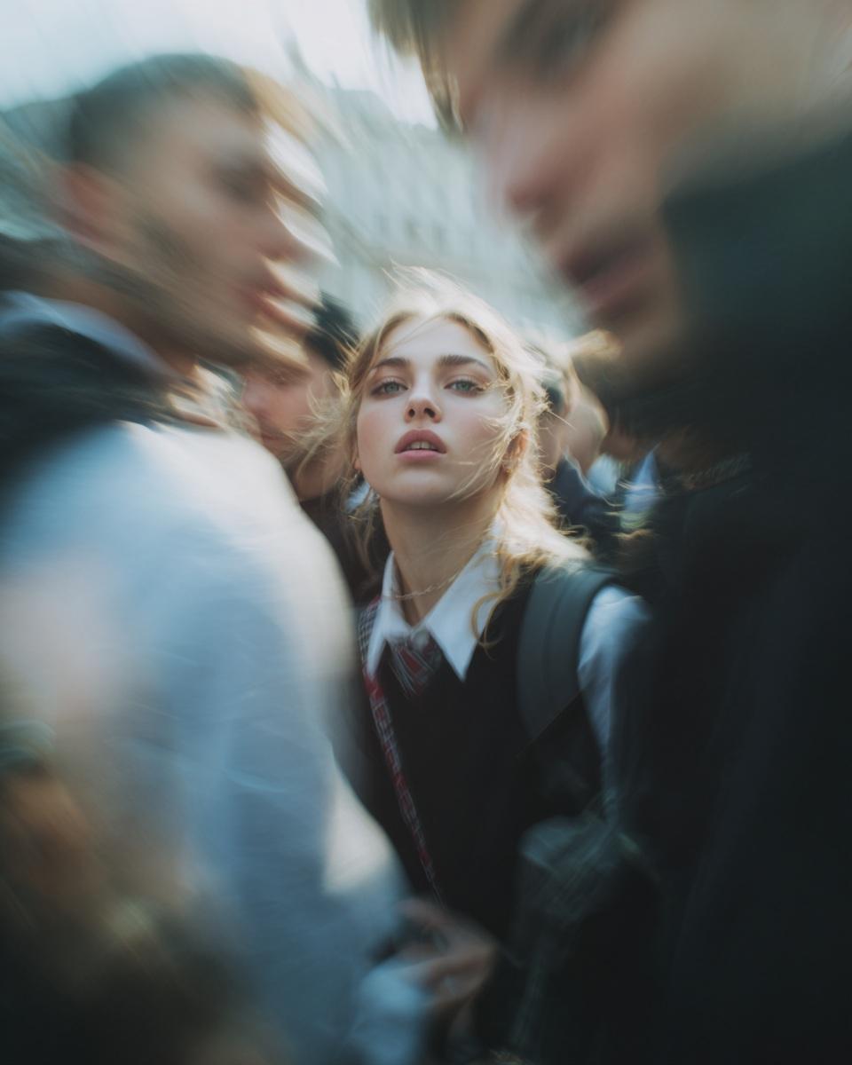 Ein Paparazzi-Stil extreme Nahaufnahme Foto einer Frau in Schuluniform, die sich mit überraschtem Ausdruck zur Kamera dreht, harte Kamerablitz-Beleuchtung, körnige hohe ISO-Textur, bewegungsunschärfer Hintergrund der Fashion-Week-Menge
