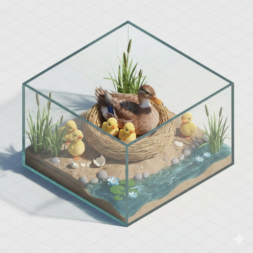 Papagei füttert Küken Miniaturdiorama Isometrisch KI-generiertes Bild