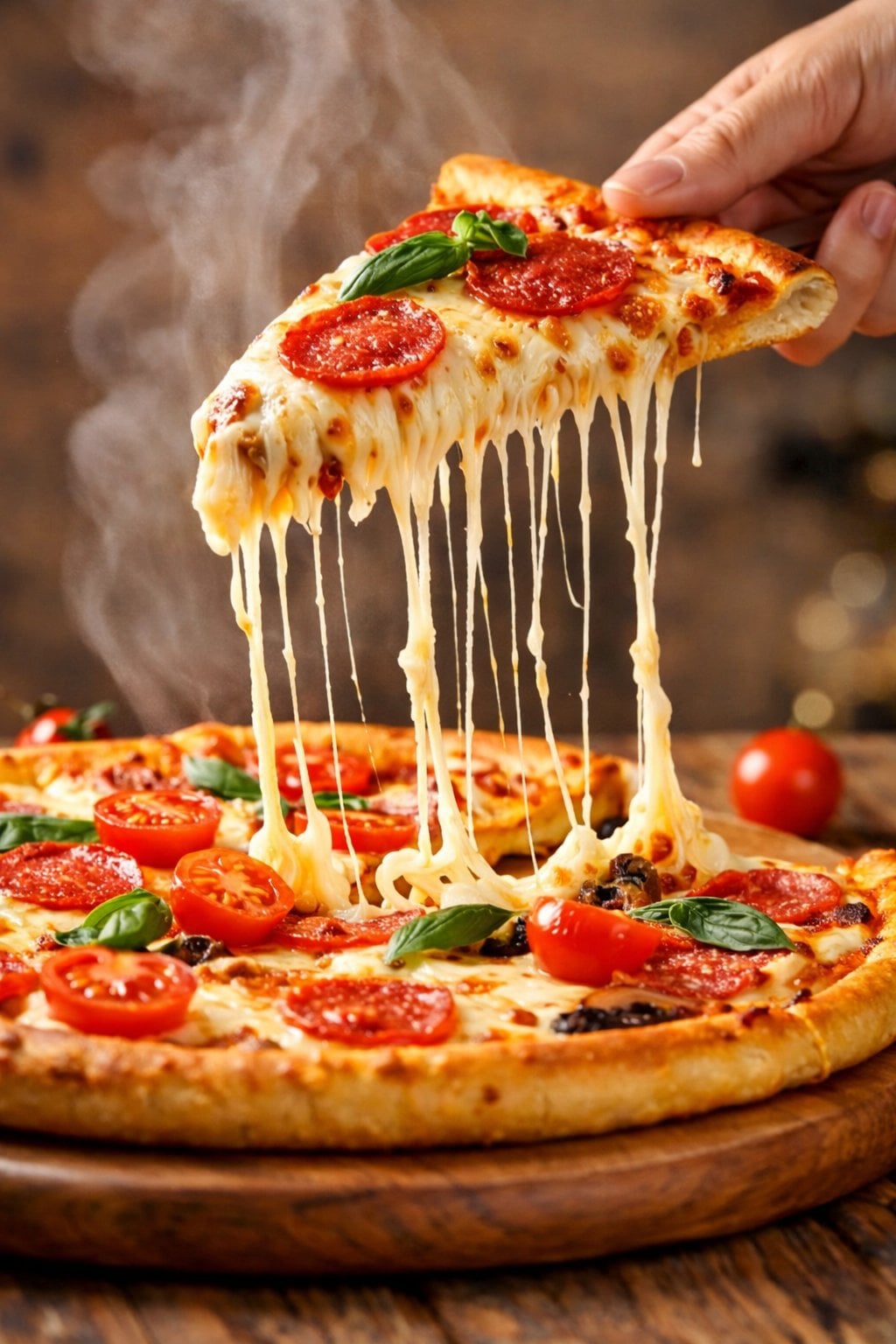 KI-generiertes Bild eines Pepperoni-Pizzastücks mit Käsefaden