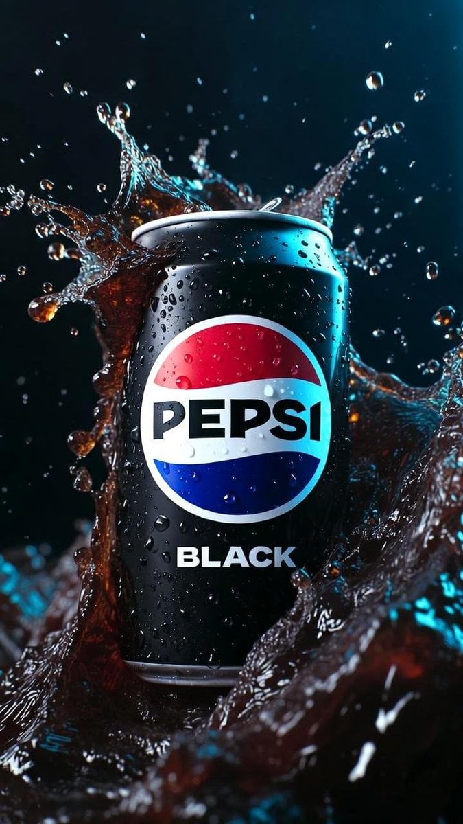 Hyperrealistisches Produktfoto einer frontalseitigen Pepsi Black Dose, bedeckt mit eiskalten Kondensationstropfen, mit eingefrorenen dunklen Cola-Flüssigkeitsspritzern um sie herum, stimmungsvolle Low-Key-Beleuchtung mit kühlem blauen Randlicht, flache Schärfentiefe