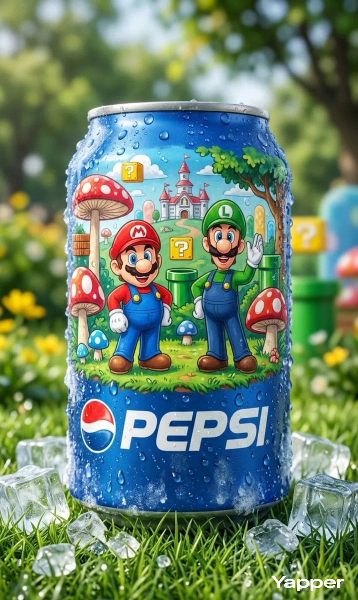 KI-generiertes Bild der Pepsi-Dose Mario Luigi Gras Garten Tageslicht