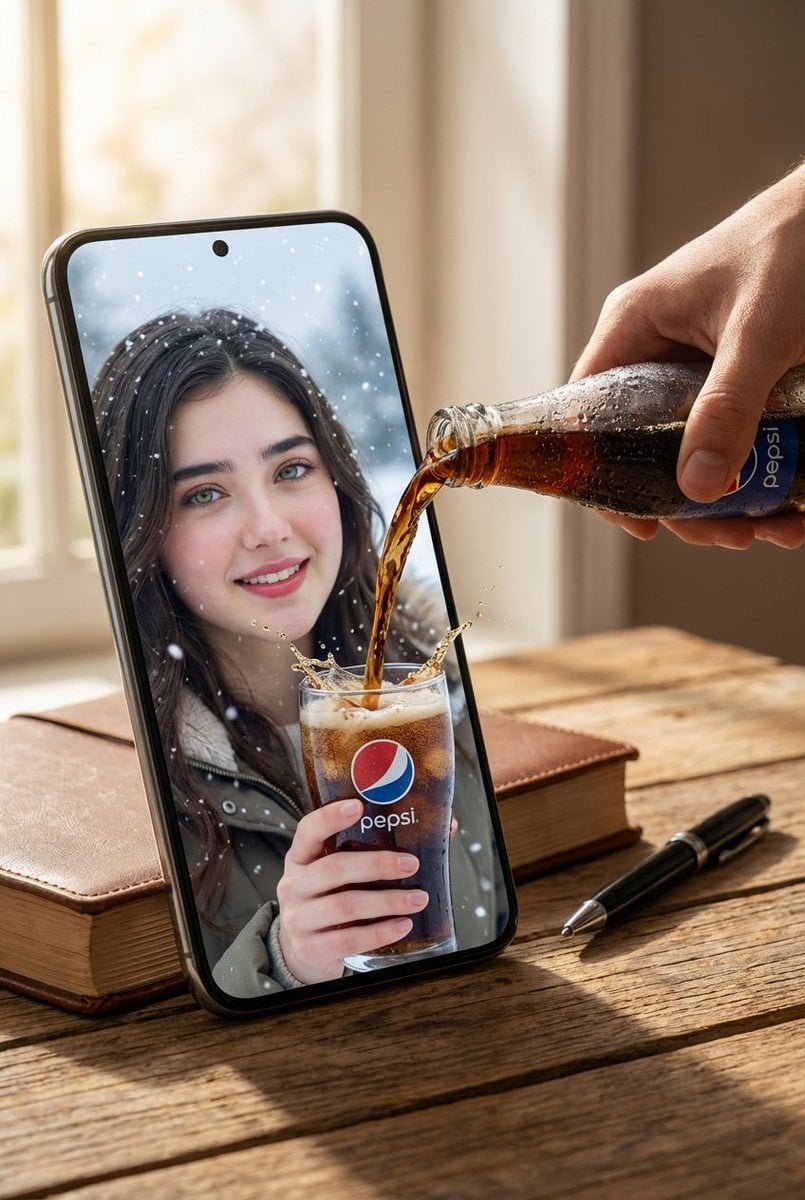 -generirana slika za nadrealnu reklamu za Pepsi s pametnim telefonom
