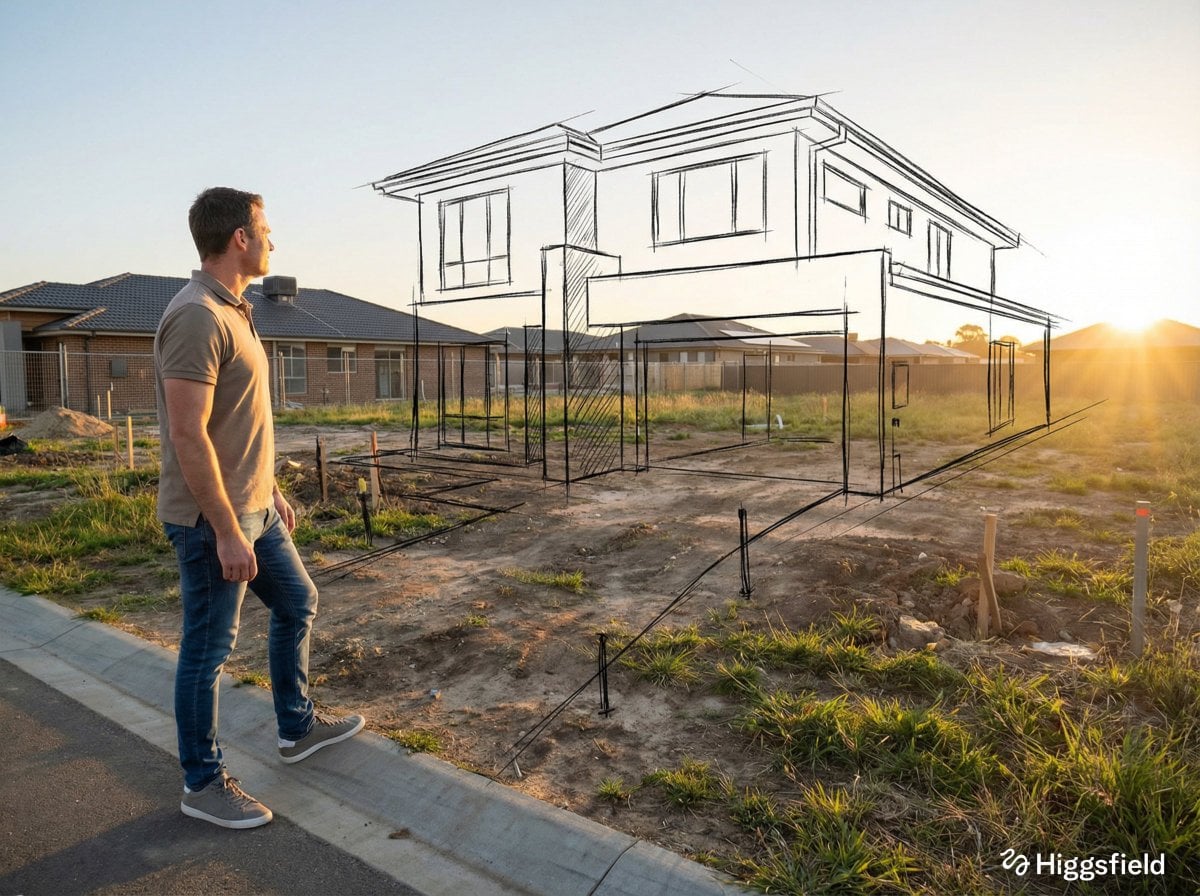 Uma pessoa em pé em um espaço vazio inacabado com linhas de esboço arquitetônico pretas flutuantes sobrepondo a cena, vista de um ângulo de três quartos traseiro com iluminação natural e sombras realistas