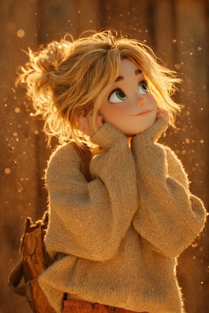 Imagine generată de : Randare 3D în stil Pixar Disney, Sat Rustic la Ora de Aur