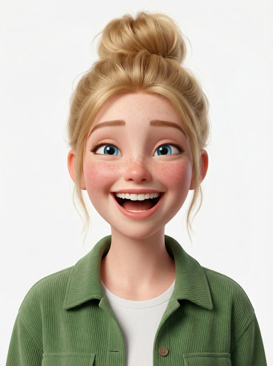 Pixar stila 3D avatāra sieviete ar violetiem matiem ģenerēts attēls