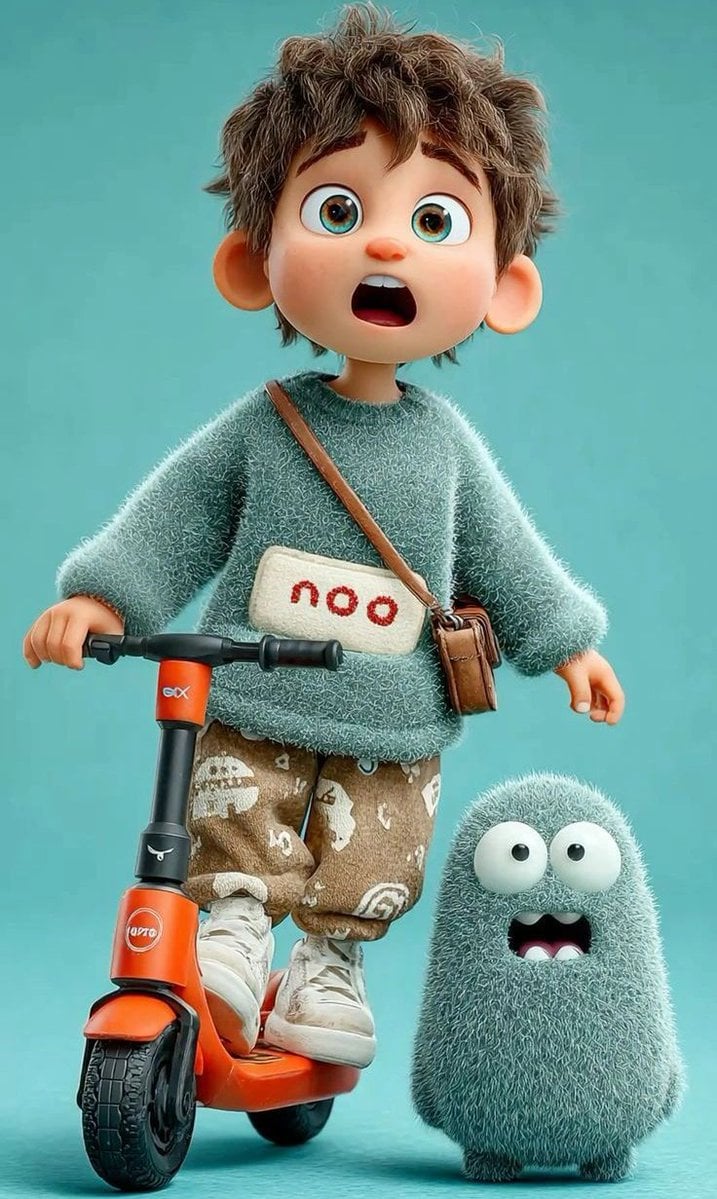Pixar-stijl kindkarakter teal scooter -gegenereerde afbeelding