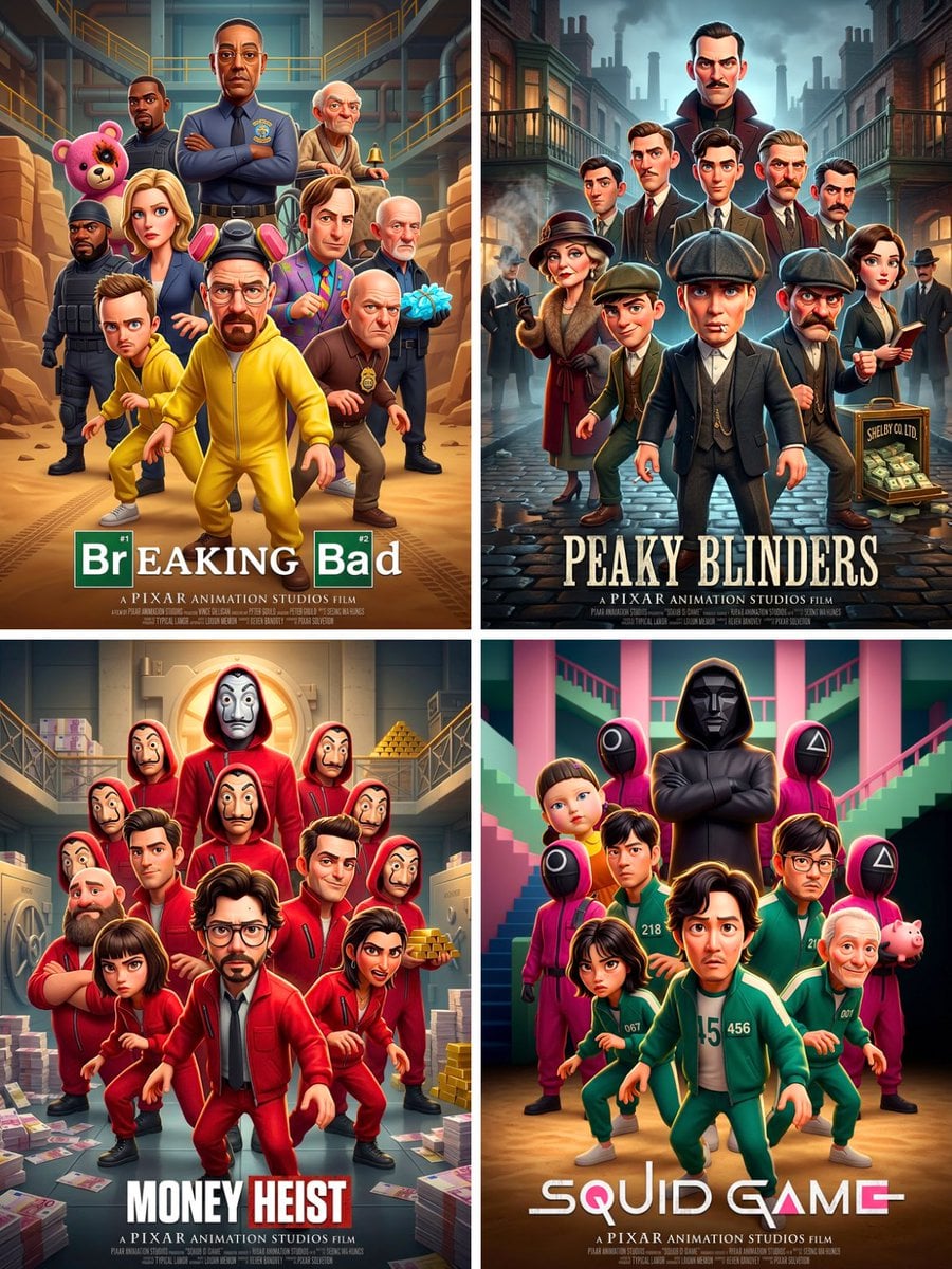 Imagem gerada por IA do Conjunto de Pôsteres de Filme no Estilo Pixar