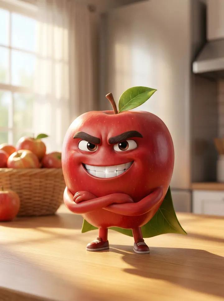 Imagem gerada por IA da Pose de Herói do Personagem Maçã Vermelha no Estilo Pixar