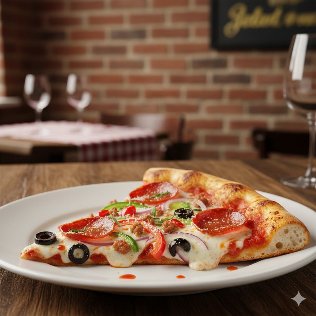 KI-generiertes Bild eines Pizzastücks mit Käsefaden (Makro)