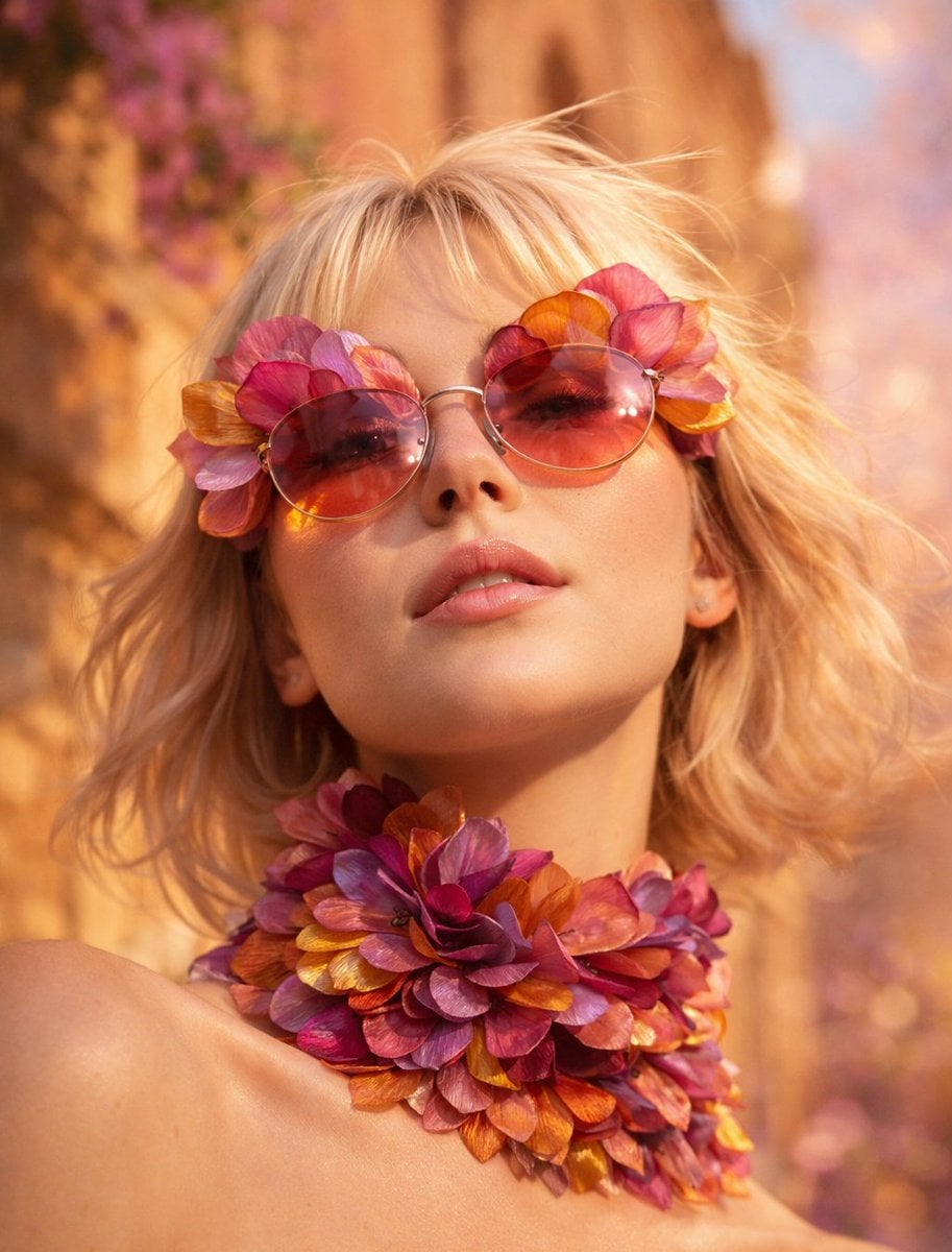 Platinblonde Frau mit skulpturalen Sonnenbrillen, Choker, Goldene Stunde – KI-generiertes Bild