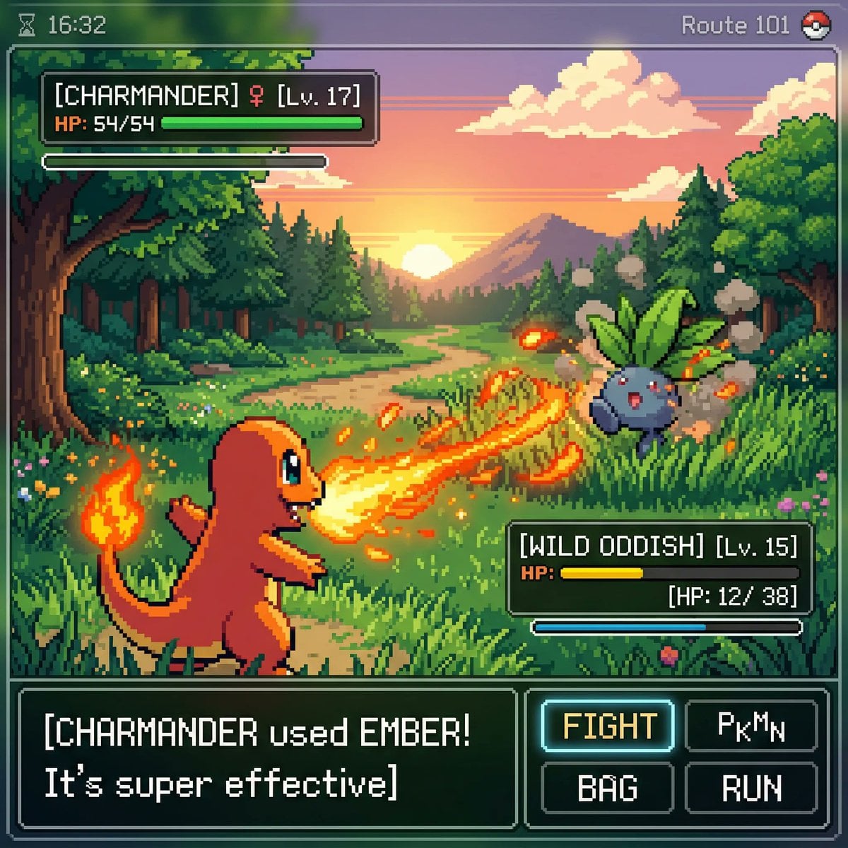 Una escena de batalla d'art píxel inspirada en els jocs clàssics de Pokemon Gameboy, amb personatges molt detallats que mostren efectes de moviments especials colorits com explosions i feixos d'energia, emmarcada per una interfície d'usuari moderna i mínima amb barres de vida i menús