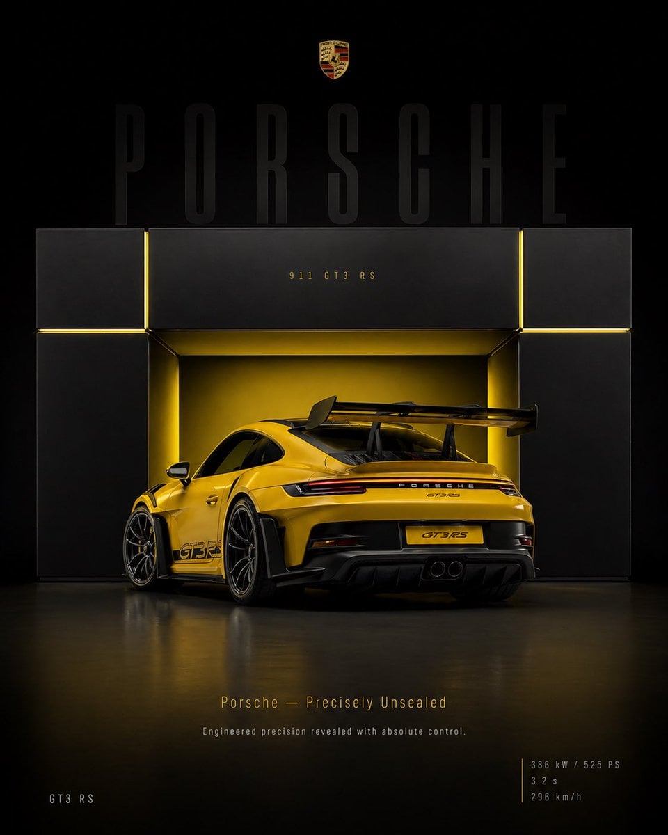 Vertikales Studio-Poster, das einen Porsche 911 GT3 RS zeigt, der aus einer präzisionsgefertigten schwarzen Vitrine mit leuchtend gelbem Innenraum kommt, aufgenommen aus einem hinteren Dreiviertel-Winkel vor tiefschwarzem Hintergrund mit eingebetteter Typografie