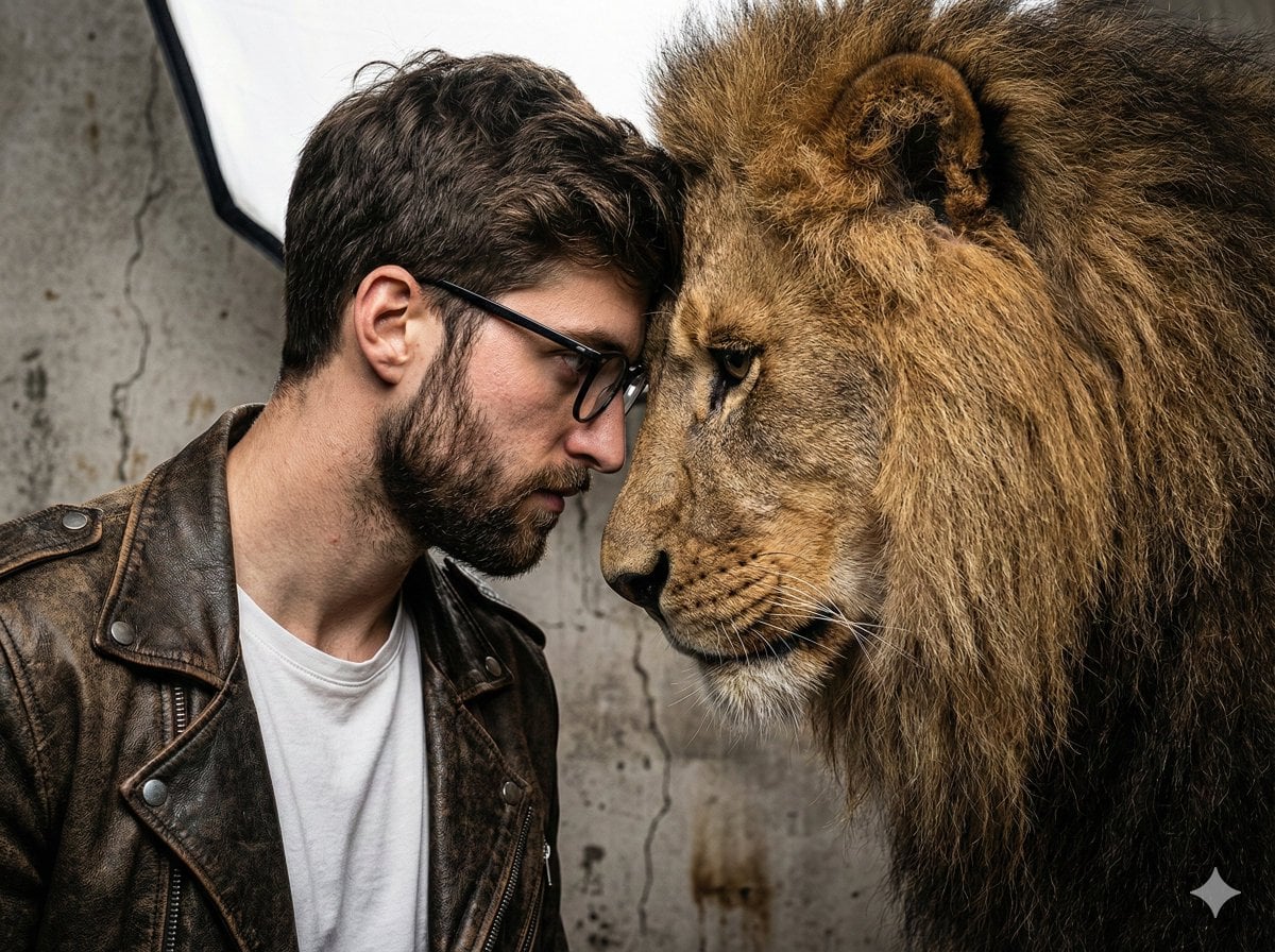 Portrait Man Lion Forehead Concrete Wall