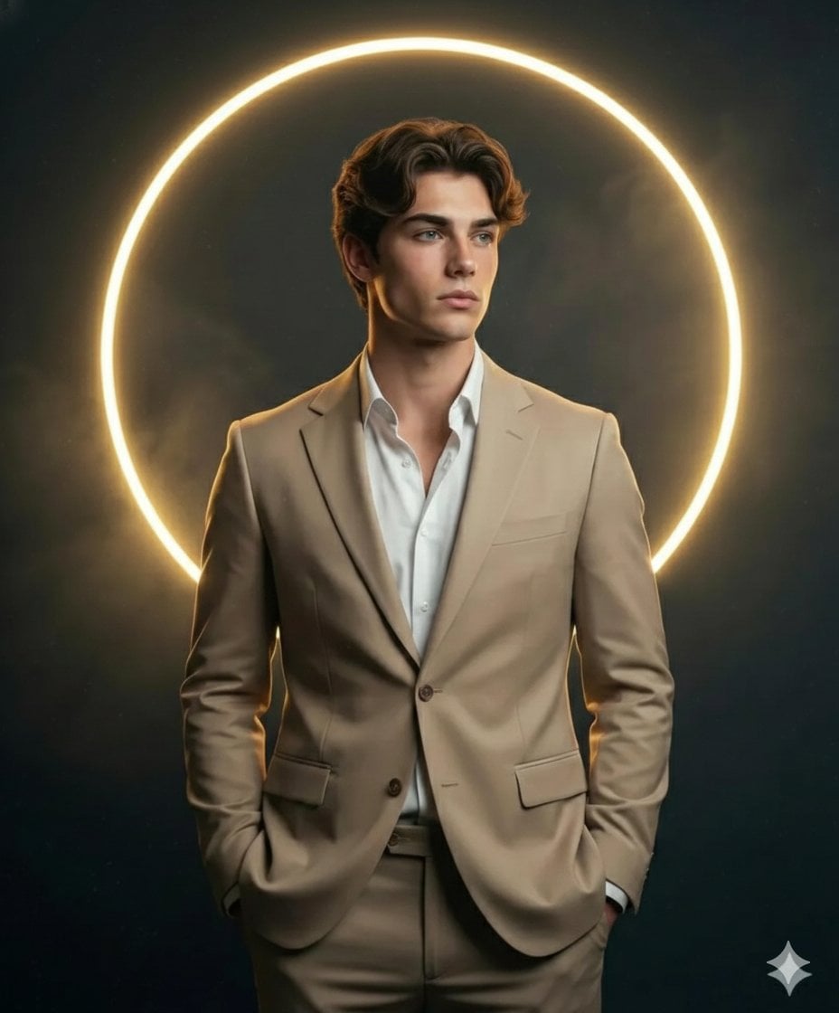 KI-generiertes Bild: Porträt eines Mannes im Anzug mit goldenem Neonring im dunklen Studio