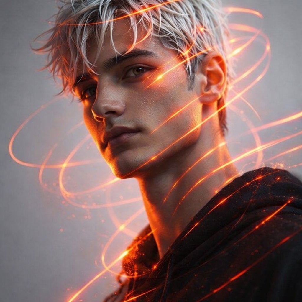 Ein Porträtfoto eines jungen Mannes mit nass gestyltem weißem Haar, aufgenommen aus einer Untersicht mit orange leuchtenden Lichtlinien um Kopf und Hals vor einem hellgrauen Hintergrund