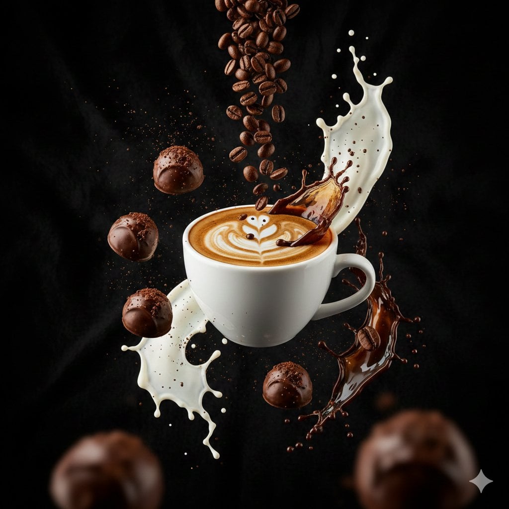 Imatge generada per IA de l'Anunci de Cafè Premium amb Esquitx Congelat