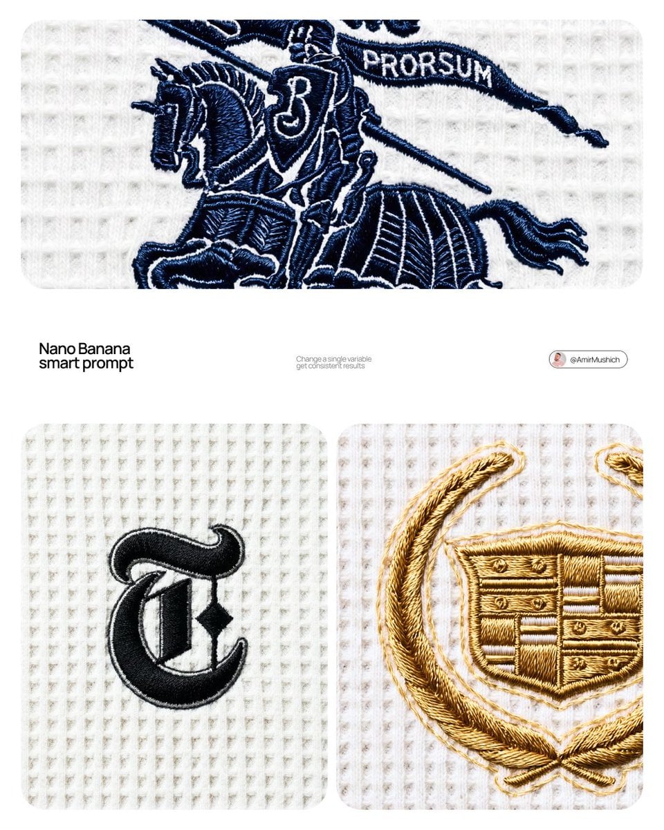 Eine Nahaufnahme-Makrofotografie eines Premium-bestickten Logo-Detls auf Waffelstrick-Baumwollstoff, die tiefe Navy-Satin-Stich-Stickerei mit subtilen Reliefschatten vor einem off-white texturierten Hintergrund zeigt, professioneller Produktfotografie-Stil mit scharfem Fokus und flacher Overhead-Beleuchtung