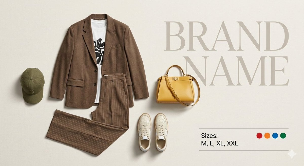 Ein Modekatalog-Flat-Lay auf beigem Hintergrund, der einen braunen Blazer, ein weißes Graphic-T-Shirt, Nadelstreifen-Hosen, eine olivgrüne Kappe, cremefarbene Sneaker und eine gelbe Handtasche zusammen mit Produktinformationen und Farbindikatoren zeigt