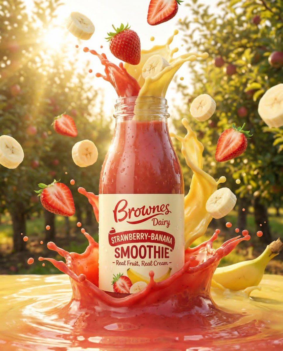 Eine Premium-Fruchtgetränk-Flasche umgeben von frischen Orangen, Kiwis, Erdbeeren, Mangos und Passionsfrüchten mit dynamischem, in der Luft eingefrorenem Flüssigkeitssplash, goldenem Sonnenlicht, Outdoor-Strandumgebung und geringer Schärfentiefe