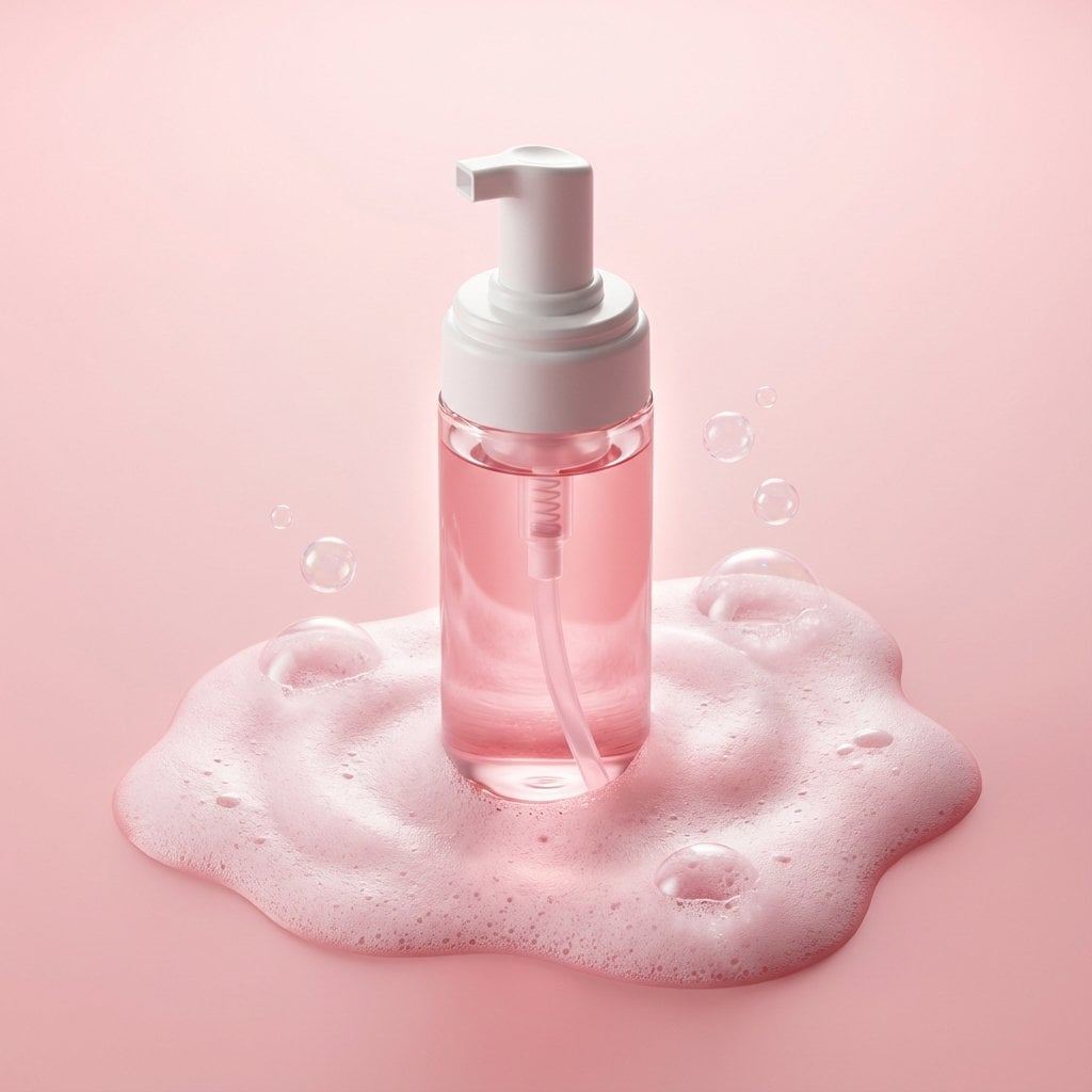 Botella de netejador facial translúcida de color rosa, centrada verticalment, amb dosificador de bombolla blanc, descansant en escuma suau de color rosa amb escuma de sabó rejada que s'expandeix cap enfora sobre un fons de gradient de color rosa pastel net