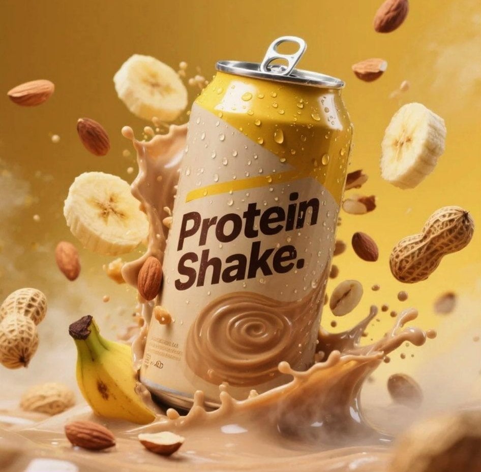 KI-generiertes Bild zur Werbung für Protein-Shake-Dose mit Spritzer