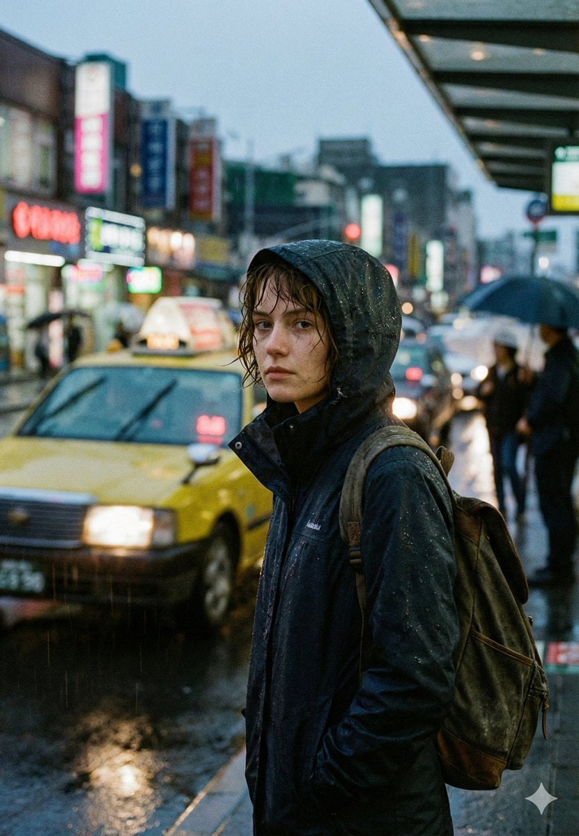 Rainy City Street Woman Neon Night