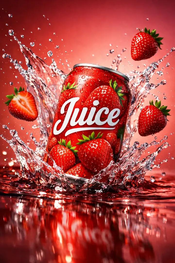 Filmische Aufnahme einer roten Saftdose mit Erdbeer-Splash, KI-generiertes Bild