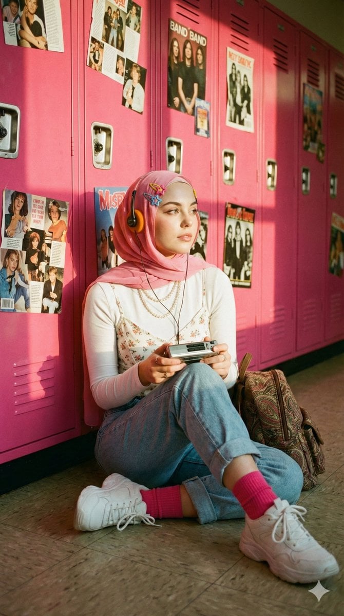 Retro School Hallway Hijab Woman Y2k Portrait