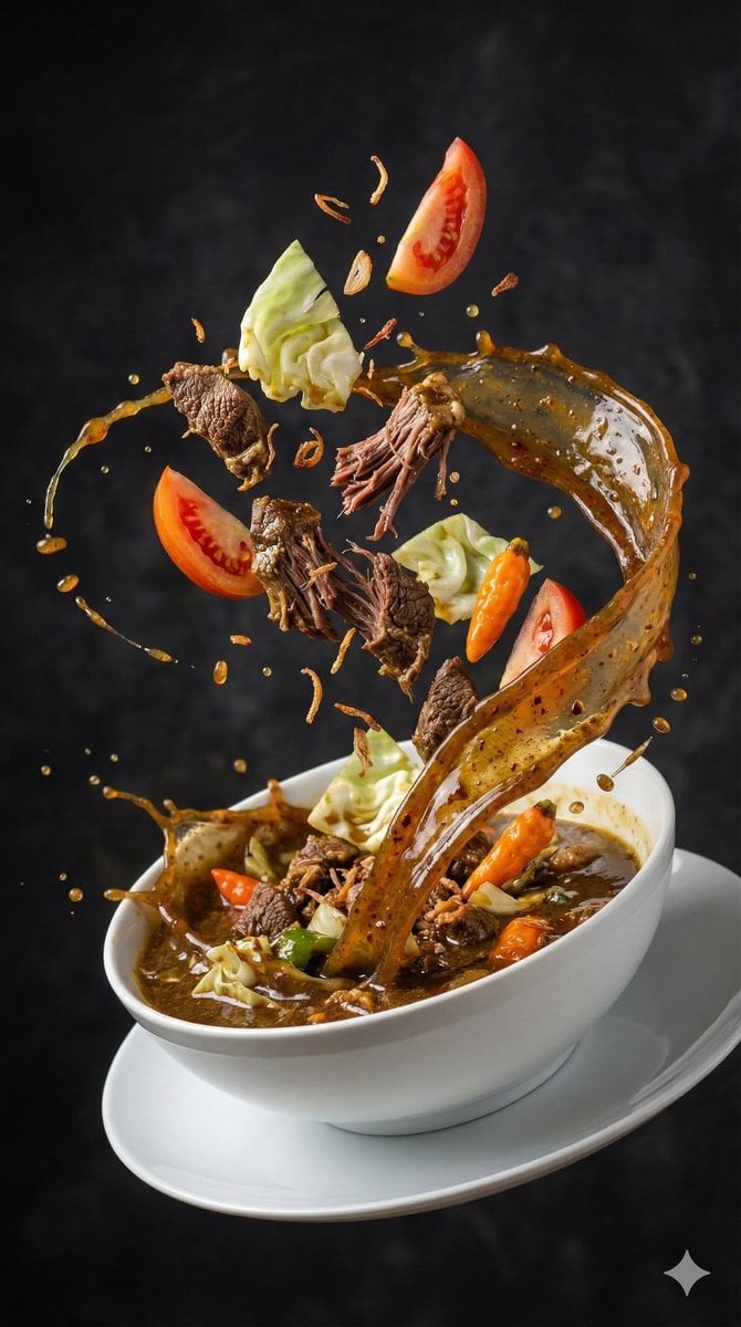 Ein Hochgeschwindigkeits-Lebensmittelfoto, das eine reichhaltige asiatische Suppe mit Rindfleischscheiben, Garnelen, Nudeln, Tofu, Chili, Kräutern, Tomaten und Kohl einfängt, die in einer Explosion in der Luft schweben und einen wirbelnden Spiralenspritzer aus bernsteinfarbener Brühe vor dunklem Hintergrund mit dramatischem Randlicht und glänzenden Flüssigkeitsreflexionen bilden
