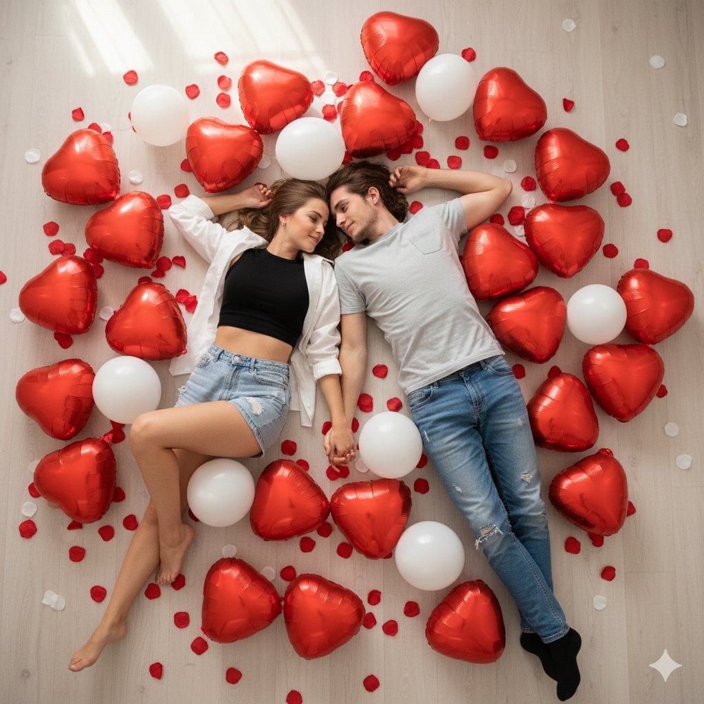 Romantic Couple Balloons Rose Petals Wooden Floor