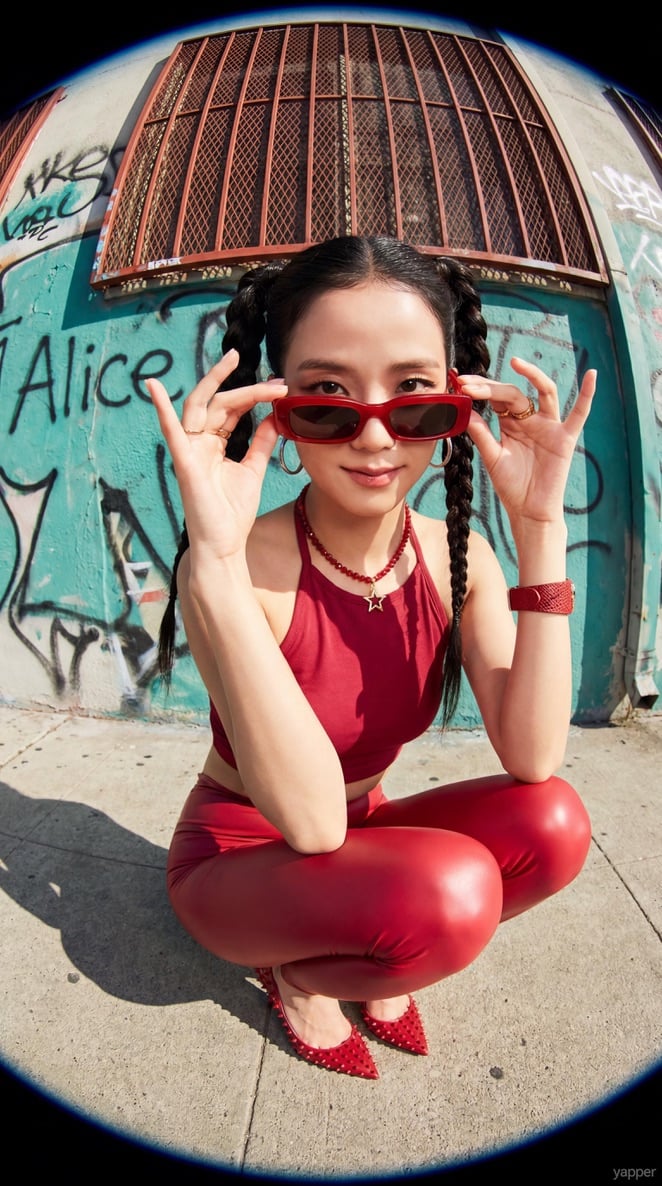 generovaný obrázek portrétu Rosé z Blackpink ve streetwearu u tyrkysové stěny s efektem rybí očky