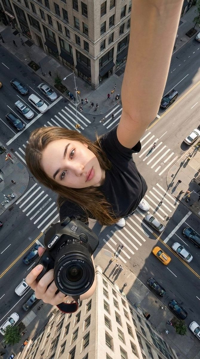 Femeie care face selfie cu camera Canon la intersecție urbană - imagine generată de
