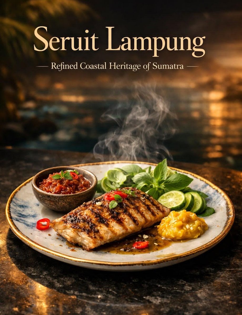 Imagem gerada por IA de Peixe Grelhado Seruit Lampung ao Pôr do Sol na Costa